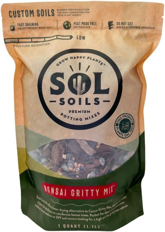Sol Soils Gritty Bonsai Soil Potting Mix - Fast Draining and Peat Moss Free with Pine Bark, Granite, Pumice, & Calcined Clay for Indoor and Outdoor Plants - 1 Quart