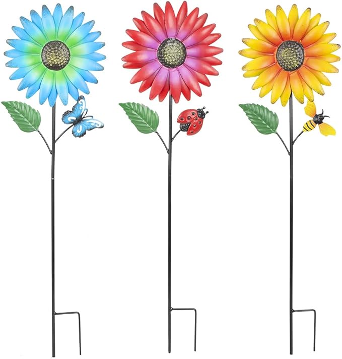 Stargarden Metal Flower Garden Stakes, 3 Pcs Decorative Garden Stakes, Colorful Metal Flowers Garden Decor, Waterproof Lawn Ornaments for Indoor, Outdoor