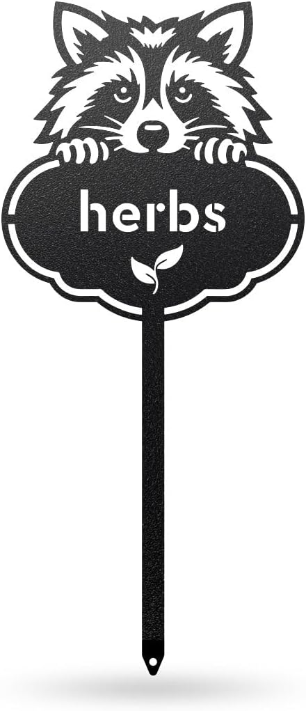 RealSteel Rocky The Raccoon Plant Markers – Cute Metal Garden Labels for Herbs & Vegetables | Outdoor Steel Plant Stakes for Garden, Greenhouse & Raised Beds | Gardening Gift | USA (HERBS-B-6X13)