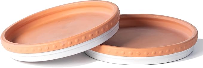 YBX 8-inch Plant Saucer Premium Terracotta Saucer Round Ceramic Plant Trays, Pack of 2 (White/Terracotta)