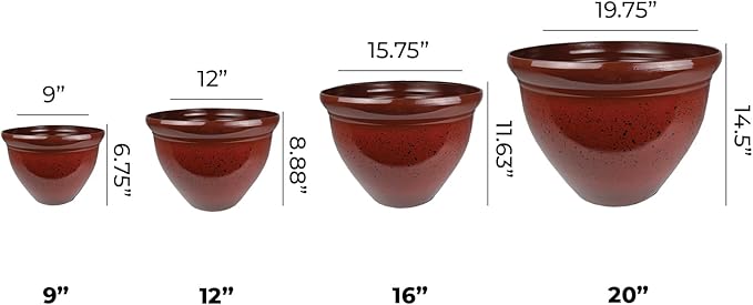 The HC Companies 12 Inch Pizzazz Round Planter Pots with Ceramic Look, Lightweight UV-Resistant Plastic Indoor & Outdoor Planters, 2-Pack Flower Pots for Garden & Home Decor, Warm Red