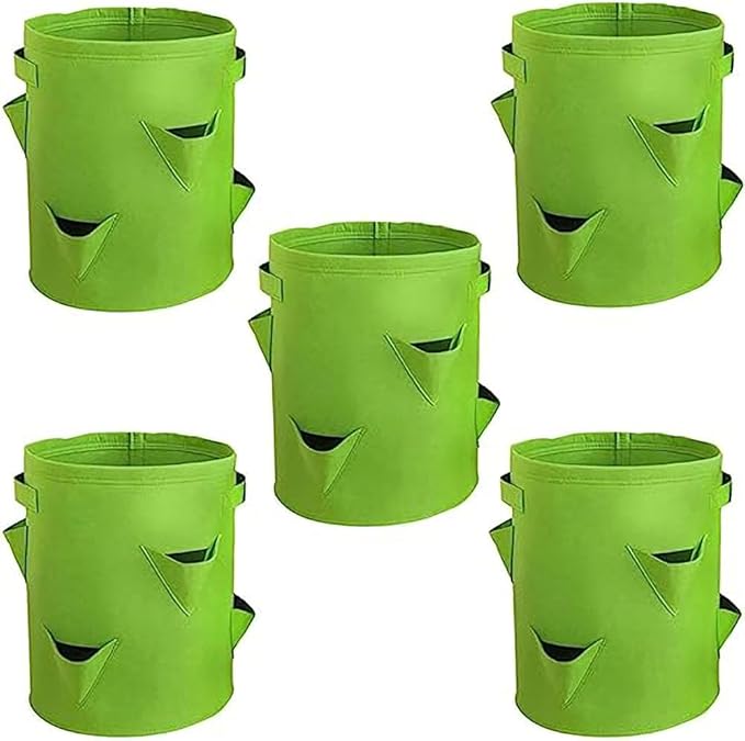 Ulalaza 5PCS Potato Grow Bags with Flap Plant Grow Bags Fabric Multi Ribbon Potato Bag Tomato Vegetable Growth Non-Woven Felt Planting Bag Transparent
