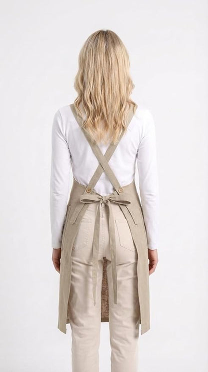Pure Linen Cross Back Apron Dress, Adjustable Waist & 2 Pockets. Unisex Kitchen & Server Apron, 26.5"x33.5".
