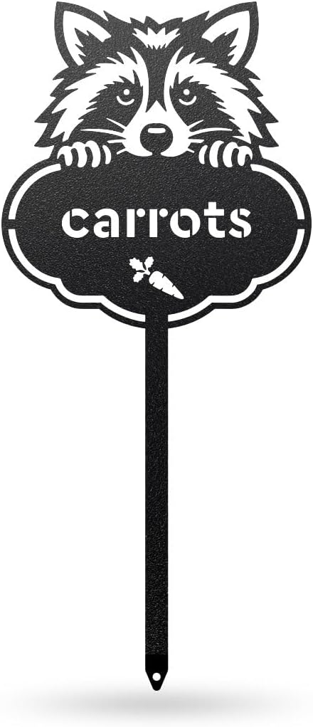 RealSteel Rocky The Raccoon Plant Markers – Cute Metal Garden Labels for Herbs & Vegetables | Outdoor Steel Plant Stakes for Garden, Greenhouse & Raised Beds | Gardening Gift | USA (CARROTS-B-6X13)