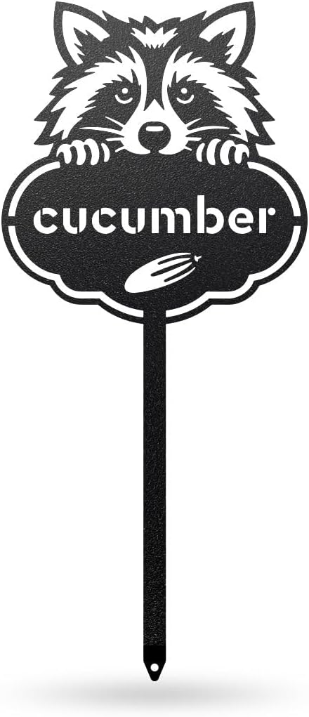 RealSteel Rocky The Raccoon Plant Markers – Cute Metal Garden Labels for Herbs & Vegetables | Outdoor Steel Plant Stakes for Garden, Greenhouse & Raised Beds | Gardening Gift | USA (CUCUMBER-B-6X13)