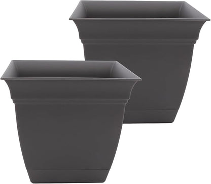 The HC Companies 12 Inch Eclipse Square Planter Pots with Drainage Holes & Attached Saucer, Lightweight UV-Resistant Plastic Indoor Outdoor Planters, 2-Pack Flower Pots, Garden Home Decor, Warm Gray