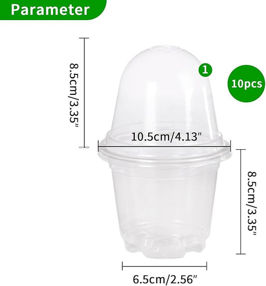 JOPY 4 Inch Plastic Nursery Pots with Humidity Dome for Plants Clear Seed Starter Pots Seedlings Planting Pots for Garden Indoor and Outdoor Small Planter Containers with Drainage Holes (10 Pack)