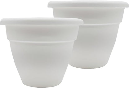 The HC Companies 10 Inch Caribbean Planter Pots with Drainage & Plug, Rolled Rim Plastic Planters for Indoor & Outdoor Plants, 2-Pack Decorative Flower Pots for Garden, Office & Home Decor, White