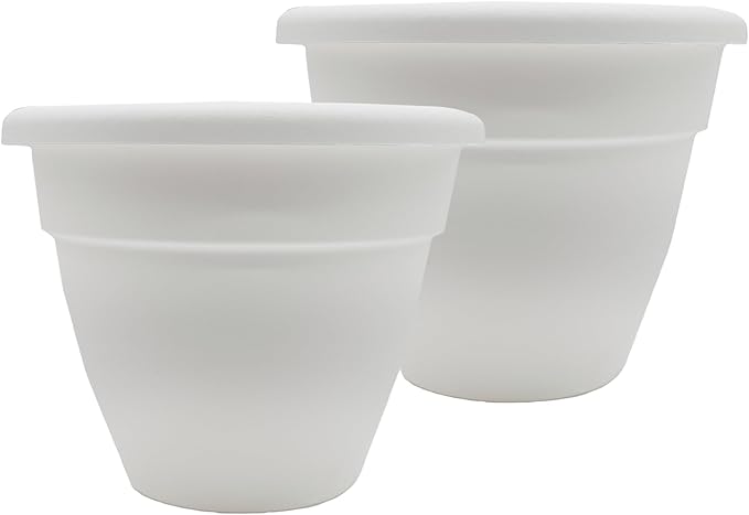 The HC Companies 12 Inch Caribbean Planter Pots with Drainage & Plug, Rolled Rim Plastic Planters for Indoor & Outdoor Plants, 2-Pack Decorative Flower Pots for Garden, Office & Home Decor, White