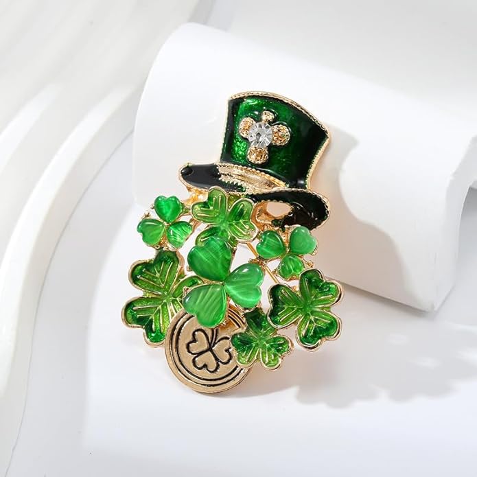 St.Patrick's Day Brooches for Women Dainty Crystal Four Leaf Lapel Pin Shamrock Hat Brooch Pins Irish Enamel Brooches Irish Holiday Costume Accessory Jewelry