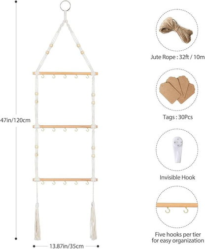 3-Tier Hanging Herb Drying Rack – Includes 30 Brown Gift Tags & 32ft Natural Jute Twine – Handwoven Boho Style Plant Hanger for Drying Herbs, Flowers, Sage – 47" Tall, Home Décor & Gift Idea