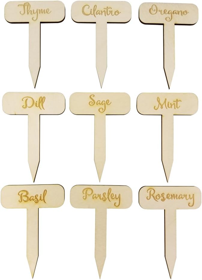 Herb Garden Markers - Set of 9 - Rustic Gardener Gift - Made in The USA - Birchwood - 2.75" x 4” - Indoor Potted Plant Engraved Stakes - Garden Signs