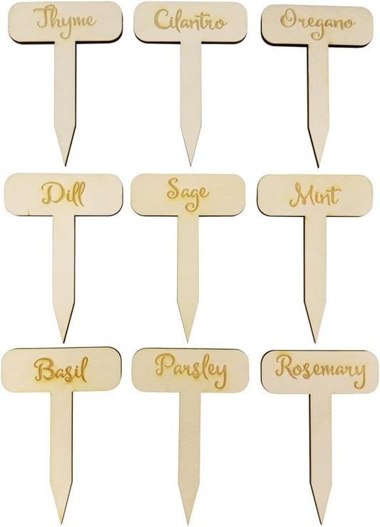 Herb Garden Markers - Set of 9 - Rustic Gardener Gift - Made in The USA - Birchwood - 2.75" x 4” - Indoor Potted Plant Engraved Stakes - Garden Signs