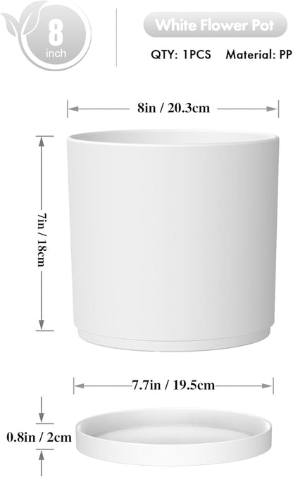 8 Inch Cylinder Plant Pots for Indoor Outdoor Plants, Medium Deep Flower Pots with Drainage Holes & Saucer, Decorative Plastic Planter Pots for Garden House Plants, White