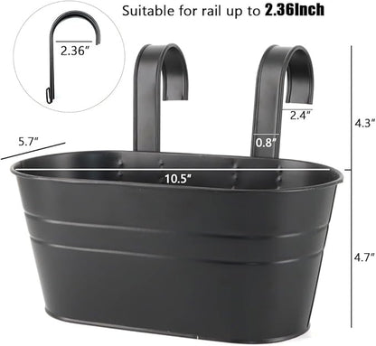 3 Pack Metal Railing Planters, 10.5" Oval Hanging Flower Pots with Detachable Hooks & Drainage Holes, Fits Rails up to 2.36", Galvanized Iron Fence Bucket for Balcony Garden Patio - Black