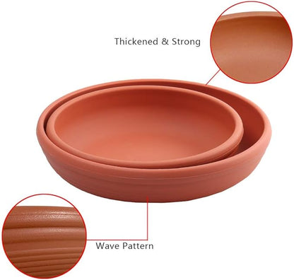 SAROSORA Round Plastic Plant Saucer Drip Tray 12" Set of 6 for Indoor Outdoor Home Garden Flower Plant Container Flower Pot Pallets ((9.4''+10.4"+12'') x2, Terracotta)