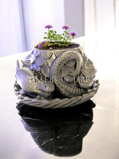Sleeping Dragon Planter Vase - Gardening and Plant Lover Gifts | Witchy and Cottagecore Home Decor Piece for Succulents or Zen Garden | Medieval Boho Flower Pot with Drainage Holes (Brilliant Silver)