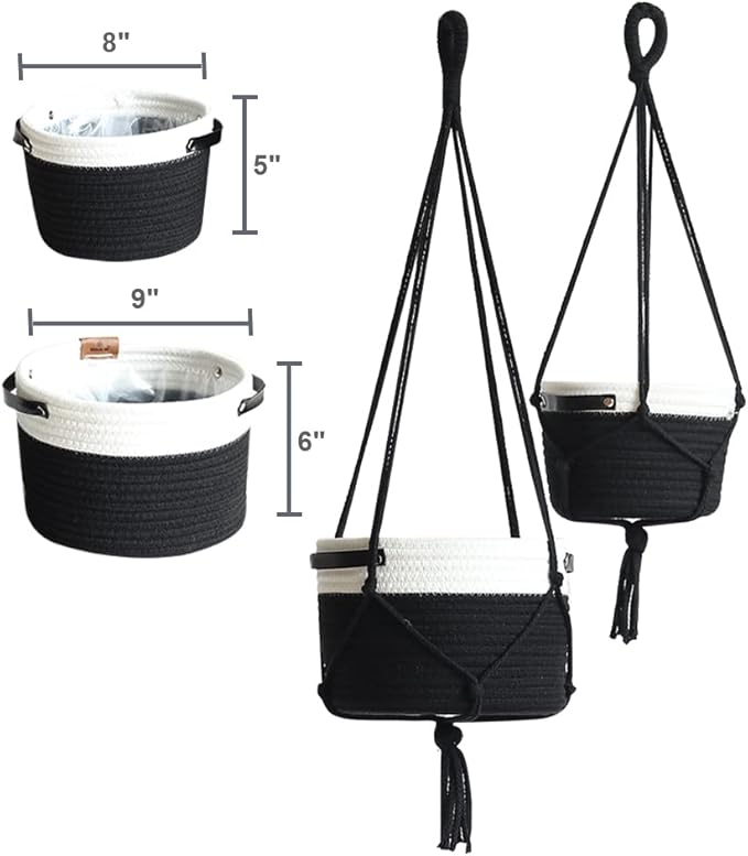 2Pack Hanging Flower Pots Plant Hangers,Wedding Party Birthday Gift Storage Baskets Home Garden Hanging Planter, Waterproof Lining Hydroponic Plant Pot-Black