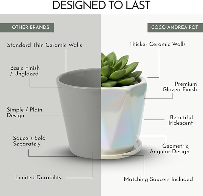 Coco Andrea Ceramic Plant Pots for Indoor Plants with Drainage & Saucers - 5-inch Iridescent White Planters for Houseplants, Succulents & Flowers - 2-Piece Housewarming Gift Set (2, Large)