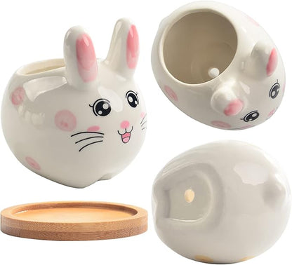 B SEPOR 3.6 inch Mini Pots for Small Succulant Plant Ceramic Animal Succulent Planter with Drainage and Bamboo Tray for Easter Bunny Rabbit Gift Lovers (Cute Bunnies)