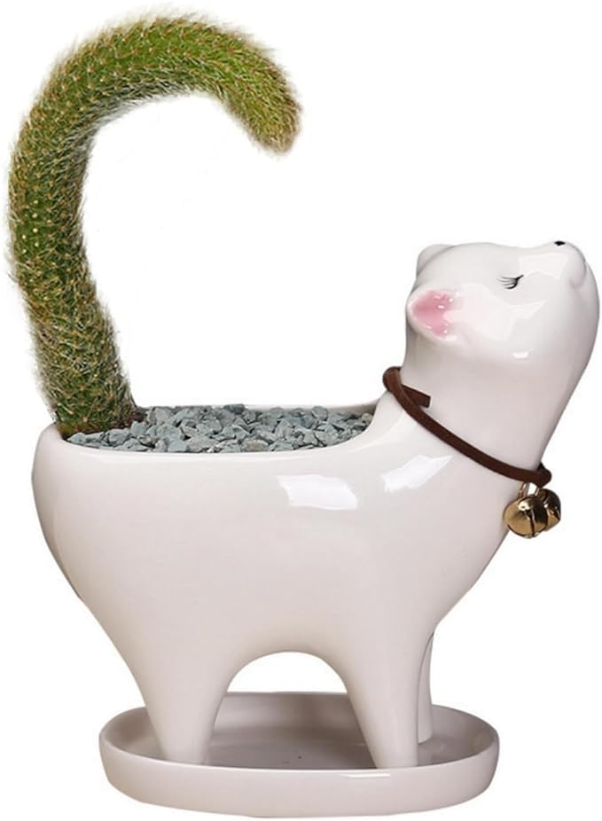 Ceramic Succulent Plant Pot Cactus Plant Pot Flower Pot Container Planter with Drainage Hole Home Office Desk Garden Gift Idea Animal Shaped Flower Pot Cute Vase Pot (White Cat)