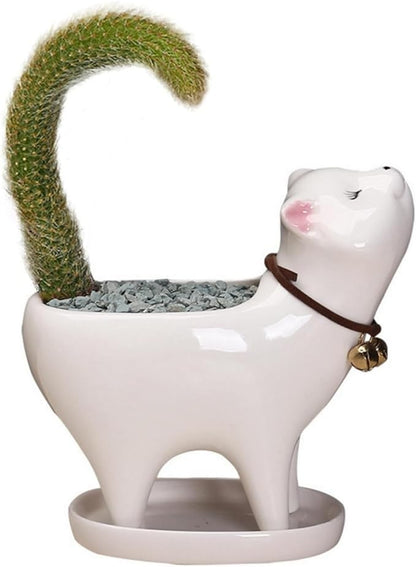Ceramic Succulent Plant Pot Cactus Plant Pot Flower Pot Container Planter with Drainage Hole Home Office Desk Garden Gift Idea Animal Shaped Flower Pot Cute Vase Pot (White Cat)