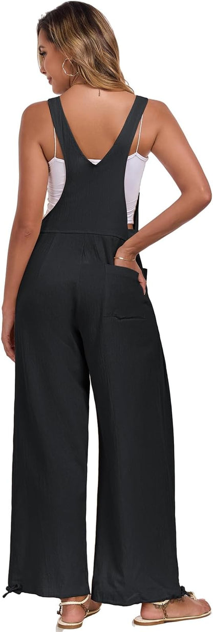 ALSOGO Womens Wide Leg Overalls Loose Beach Vacation Outfits Jumpsuits 2025 Causal Sleeveless Rompers with Pockets