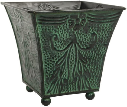 Hosley Set of 4 Green Patina Embossed Metal Planters with Ornate Floral Design, 5.25" L x 5.25" W x 5" H – Ideal for Floral Arrangements, Home Décor, Garden Accents, Rustic Weddings.