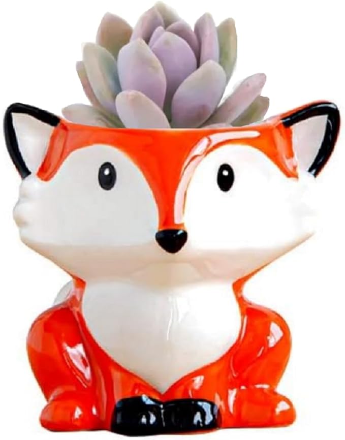 Ceramic Succulent Plant Pot Cactus Plant Pot Flower Pot Container Planter with Drainage Hole Home Office Desk Garden Gift Idea Animal Shaped Flower Pot Cute Vase Pot (Fox)