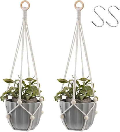 Artilady Hanging Planter for Indoor Plants Macrame Plant Hanger Large Hanging Plant Holder with Adjustable Beads Plants Basket White Rope Boho Plant Wall Decor (White Bead-2pcs)