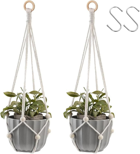 Artilady Hanging Planter for Indoor Plants Macrame Plant Hanger Large Hanging Plant Holder with Adjustable Beads Plants Basket White Rope Boho Plant Wall Decor (White Bead-2pcs)