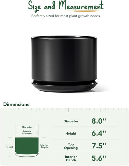 LE TAUCI Ceramic Pots for Plants, 8 Inch Plant Pot with Drainage Hole & Saucer, Modern Minimalist Planters for Indoor Plants, Round Flower Pot for Snake Plant, Monstera, Perfect for Home Decor, Black
