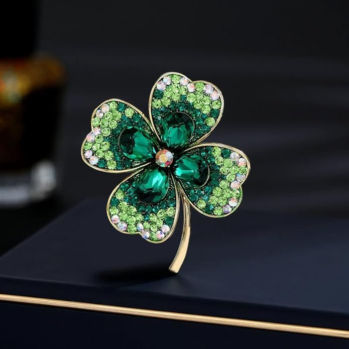 St.Patrick's Day Brooches for Women Dainty Crystal Four Leaf Lapel Pin Shamrock Hat Brooch Pins Irish Enamel Brooches Irish Holiday Costume Accessory Jewelry