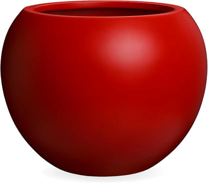 9.7" H x 12" D Red Fiberstone Round Planter with Drainage Hole, Chinese & Lunar New Year Home Decor Pot, Smooth Finish, Weather Resistant Indoor & Outdoor, 2 Coco Mats (7.8" Opening)