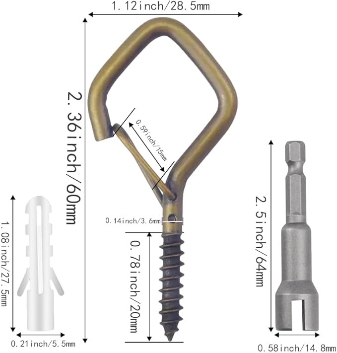 52-Pack Heavy-Duty Bronze Screw Eye Hooks with Safety Clips | Metal Ceiling Hooks for Hanging Plants, Wind Chimes, Bird Feeders & Indoor/Outdoor Lights