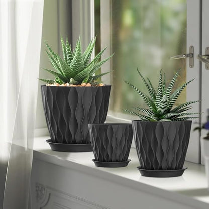 4/4.5/5/5.5/6/6.5/7 Inch Plant Pots,7 Pack Flower Pots with Drainage Holes and Trays,Plastic Planters for Indoor Outdoor Plants Growth,Black