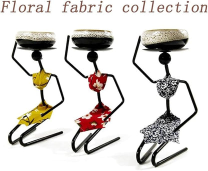 Plant Stand with Pot,Ceramic Flower Pot with Potting Stand,Elegant Succulent Flower Pot,Handmade Iron Potted Plant Stand, Kneeling Girl Indoor Desktop Ornament. (Floral Fabric Collection(red))