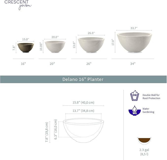 Crescent Garden Delano Bowl Planter, Indoor Outdoor Round Shallow Plant Pot for Water Garden, Bonsai Plant Pots, Succulents with Drain Hole - Double Walled Bowl Lotus Pot, 16" W (Slate)