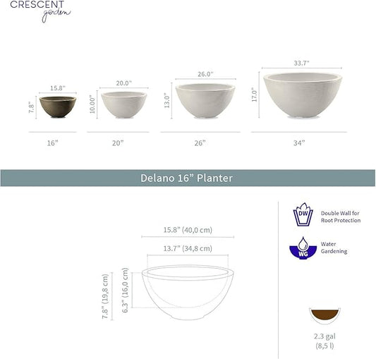 Crescent Garden Delano Bowl Planter, Indoor Outdoor Round Shallow Plant Pot for Water Garden, Bonsai Plant Pots, Succulents with Drain Hole - Double Walled Bowl Lotus Pot, 16" W (Slate)