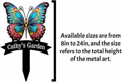 Custom Name Garden Decor Sign Butterfly, Personalized Colorful Butterfly Metal Garden Sign with Stake, Colorful Butterfly Metal Art Garden Stake Decorative Outdoor Yard Sign