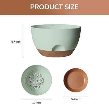 12 Inch Large Self Watering Pots, 2 Pack Plant Pots with Drainage Holes and Saucers, Self Watering Planter for Indoor Outdoor Garden Plants and Flowers (Green)