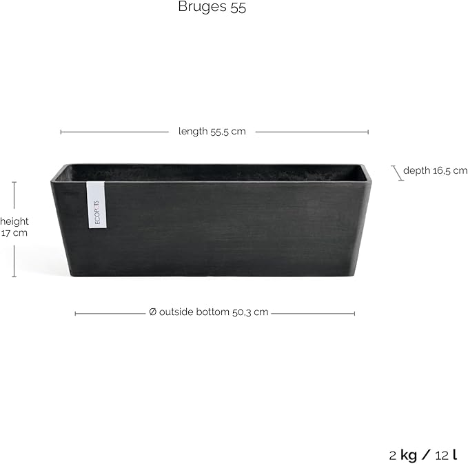 Ecopots Bruges Durable Modern Rectangular Indoor/Outdoor Recycled-Based Composite Flower Pot Planter, Dark Grey, 21.5"