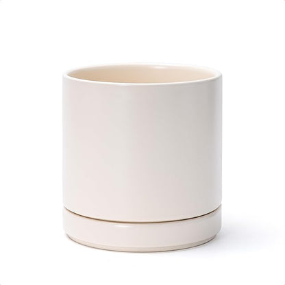 D'vine Dev 6.5 Inch Ceramic Planter Pot with Drainage Hole and Saucer, Indoor Cylinder Round Planter Pot, Oatmeal, 94-O-C-8