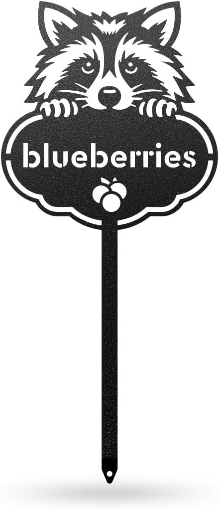 RealSteel Rocky the Raccoon Plant Markers – Cute Metal Garden Labels for Herbs & Vegetables | Outdoor Steel Plant Stakes for Garden, Greenhouse & Raised Bed | Gardening Gift | USA (BLUEBERRIES-B-6X13)