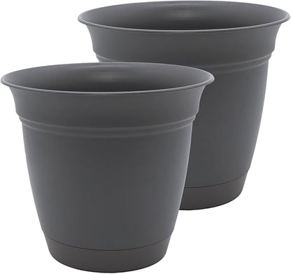 The HC Companies 10 Inch Eclipse Round Planter Pots with Drainage Holes & Attached Saucer, Lightweight UV-Resistant Plastic Indoor & Outdoor Planters, 2-Pack Flower Pots, Garden Home Decor, Warm Gray