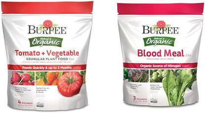 Burpee Organic Tomato & Vegetable Plant Food Granular Fertilizer Bundle with Blood Meal Nitrogen Fertilizer for Tomatoes, Spinach, Broccoli, Leafy Greens, 4 lb & 3 lb