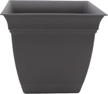 The HC Companies Eclipse Square Plastic Planter w/ Attached Saucer - Outdoor & Indoor Plant Pot with Drainage Holes - Lightweight, UV-Resistant Plastic Pots For Plants (10" Warm Gray, Pack of 1)