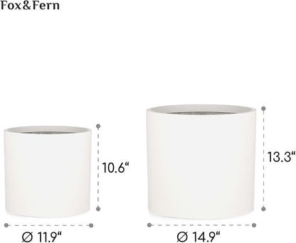 Fox & Fern 12" & 14.6" Large Planters (Set of 2) - Lightweight Fiberstone Matte White Plant Pots with Drainage Plug - Extra Large Planters for Indoor & Outdoor - Weather Resistant & UV Resistant