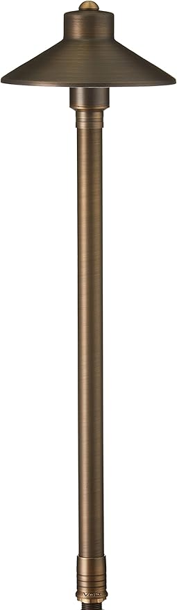 VOLT Flat Hat 12V Brass Path Light (7" Shade, 24" Tall) with 3W 2700K Warm White G4 LED Bulb for Low Voltage Landscape Lighting on Outdoor Pathway, Walkway, Garden, Driveway or Patio