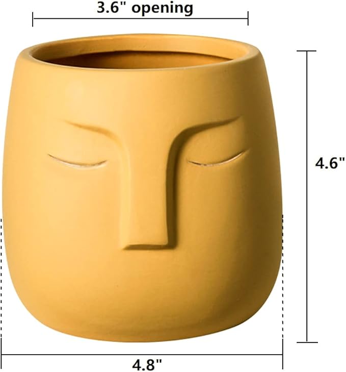 GeLive Head Succulent Plant Pot Ceramic Face Planter Modern Statue Flower Vase Windowsill Box with Drainage Hole Home Decoration Indoor Outdoor Container Gold Eyes (Yellow)